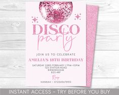 disco party birthday card with pink glitter