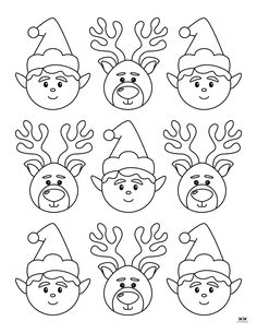 christmas elf faces with different hats and reindeers on them, coloring pages for kids