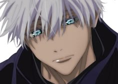 an anime character with white hair and blue eyes looks at the camera while wearing a black hoodie