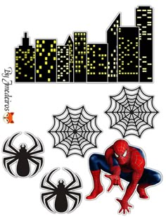 the spiderman wall decals are in front of a cityscape with yellow and black lights