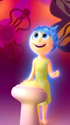 a cartoon character with blue hair standing on top of a white pedestal in front of an abstract background