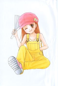 a drawing of a girl in overalls and a pink hat holding a small fan