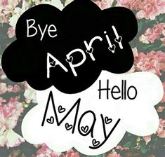 the words bye apri and hello may are written in black on a background of pink flowers