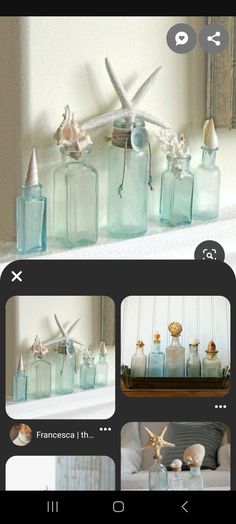 some glass bottles with shells in them on a shelf next to a starfish and seashells