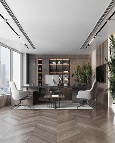 an office with wood flooring and white chairs in front of large windows overlooking the city