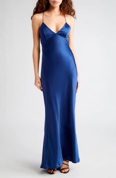 Alice + Olivia Montana Lace-Up Satin Slipdress | Nordstrom Formal Dresses Navy Blue, Blue Gala Dress, Satin Dress Aesthetic, V Neck Satin Dress, V Neck Formal Dress, Azure Dress, Uzun Boy, Dinner Party Outfits, Dream Prom Dress