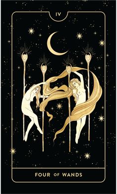 the four of wands tarot card in gold and black with stars above it