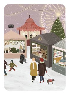 two people are walking their dog through the snow in front of a christmas tree and fairground