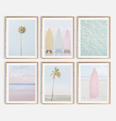 four framed photographs of surfboards and palm trees on the beach in pastel colors