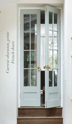 the front door is painted white and has two glass panels on each side, along with a wooden step leading up to it