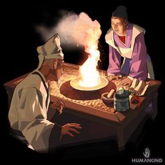 two men sitting at a table in front of a pot on top of a fire