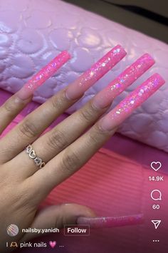 Long Pink Nails, Pink Long Glitter Nails, Pink Xxl Acrylic Nails, Glittery Pink Nails Long, Acrylic Nails Coffin Ombre, Glittery Nails, Tropical Nails