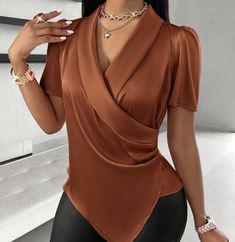 Fitted Brown Blouse For Office, Elegant Business Tops Wrinkle-resistant, Chic Brown Formal Blouse, Elegant Wrinkle-resistant Business Top, Elegant Brown Blouse With Ruffles, Ankara Jumpsuits For Women, Formal Tops For Women, Classy Style Outfits, Dope Fashion Outfits