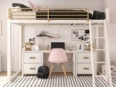 a white loft bed with desk and chair in a pink girls'bedroom, next to a striped rug on the floor