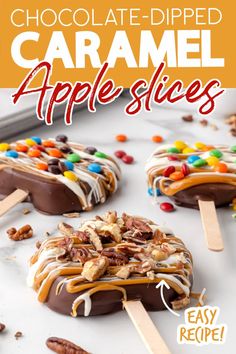 chocolate - dipped caramel apple slices are topped with candies and pretzels