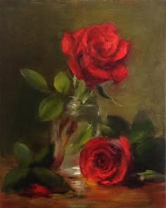 a painting of red roses in a glass vase