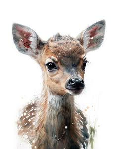 a painting of a baby deer with snow all over it's face and ears