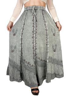 PRICES MAY VARY. Rich Embroidery: This boho maxi skirt features ten panels that are joined by a gorgeous durable lace. Each front panel consists of long top-down floral embroidery which looks very elegant. The unique embroidery on our long skirts provides luxurious looks and assures to make you look special among the crowd. Elastic Waistband & A-Line Floor Length: Our high waisted maxi skirt has an elastic waistband and drawstring for comfort and fit. This comfy A-line womens skirt is flowy with flared hem and drapes very elegantly creating uniform pleats around the bottom hem and flows nicely while walking, making it to twirl. Premium Fabric: Agan Traders floral embroidered women's maxi skirts are crafted of rayon which is super soft, breathable and safe for your skin. Our high waist maxi Womens Long Skirt, Boho Maxi Skirt, High Waist Long Skirt, Fairy Skirt, Boho Clothes, High Waisted Maxi Skirt, Bohemian Skirt, Unique Embroidery, Maxi Skirt Boho