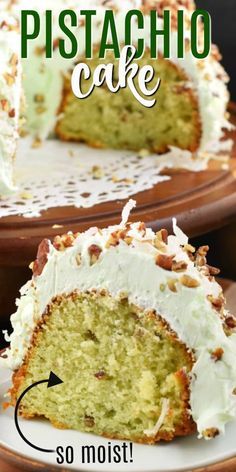 a close up of a cake on a plate with the words pistachio cake