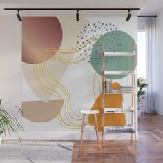 a wall mural with abstract shapes and lines