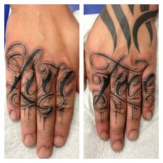 two hands with different designs on them and one has the word love written in cursive writing