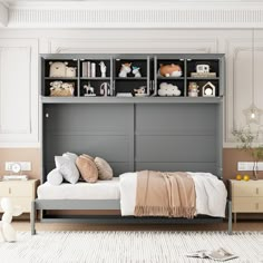 a bedroom with a bed, bookcases and drawers on the wall above it