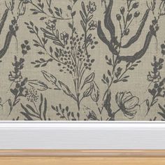 an image of a wallpaper with flowers and plants on it in grey, black and white