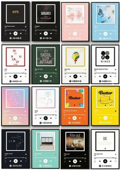 a bunch of different types of posters on a white background with black and yellow lettering