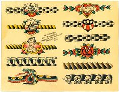 an old school tattoo design with various designs and colors on the upper half of it