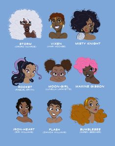 the different types of black women with their hair colors and names in each one's head