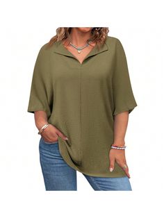 BZBWomens Plus Size Tops Short Sleeve V Neck Tee Blouse Summer Loose Fit Casual Tunic Top Army Green Casual  Half Sleeve  Plain Top   Women Clothing, size features are:Bust: ,Length: ,Sleeve Length: Cheap Green Cotton Short Sleeve Top, Green Short Sleeve Casual Tunic, Green Relaxed Fit Top With Batwing Sleeves, Cheap Green 3/4 Sleeve Tops, Cheap Green 3/4 Sleeve T-shirt, Tunic Tops Casual, Plain Tops, V Neck Tee, Plus Size Tops