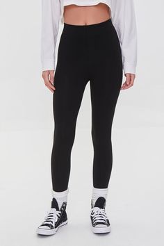 Basic High-Rise Leggings | Forever 21 Graphic Tee Dress, Black Dress Formal, Knit Leggings, Forever 21 Pants, Cotton Leggings, High Rise Leggings, Teenage Fashion Outfits, Bottom Clothes, Tee Dress