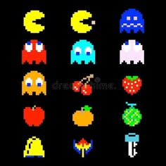 an old school video game pixel art set with different types of fruit and vegetables royalty illustration