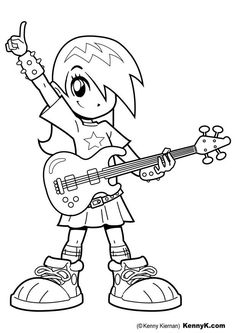 a cartoon girl playing the guitar with her hand up and holding it in the air