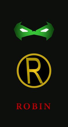 the logo for robin is shown on a black background with red letters and green eyes