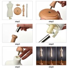 the instructions for making wooden mannequins are shown in three different pictures, including one