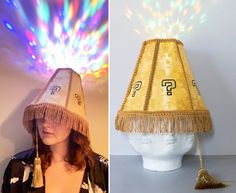 This handmade lampshade hat is a one of a kind, meme cuisine original! This funny and unique LED costume hat makes the perfect accessory for raves, festivals, costume parties, and more. This novelty hat comes with a built in LED disco ball light. This sound activated party light is attached to the top of the bucket hat via velcro, so it is removable. It is lightweight and comfortable, and shines through the fabric of the hat. It projects rainbow patterns onto the ceiling, and changes to the beat of the music (see video). It is rechargeable with a micro USB cable, which is included. Light lasts around 4 hours. Charge time is 1-1.5 hours Light dimensions are 5.5cm x 5.5cm x 5.5cm **Pull cord is NON FUNCTIONAL! The light is turned on/off with a button on the side CONSTRUCTION: The hat is buil Lampshade Hat, Kind Meme, Lamp Costume, Disco Ball Light, Led Costume, Edm Festival Outfit, Novelty Hats, Costume Parties, Edm Festival