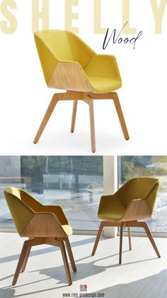 two different views of the same chair with wood legs and arms, one in yellow