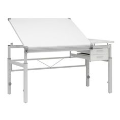 a white desk with two drawers and a white board on it's left side