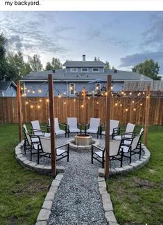 an outdoor patio with chairs and string lights on the back yard, next to a fire pit