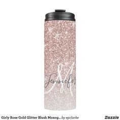 thermos bottle with name and monograms on it, is shown in pink glitter