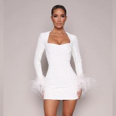 Jade Long Sleeved Sequin Mini Dress W/ Feather Trim- White. Never Worn. Nwt! Elegant Fitted Mini Dress With Feathers, Elegant Feather Trim Dress For Date Night, White Feathered Mini Dress For Evening, Formal White Mini Dress With Feather Trim, White Fitted Mini Dress With Feathers, White Mini Dress For Winter Evening, White Winter Evening Mini Dress, Elegant Feathered Mini Dress For Cocktail, Fitted Feather Trim Dress For Dinner