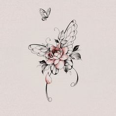 a flower and butterfly tattoo design on the back of a woman's shoulder,