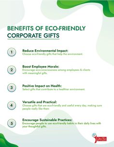 the benefits of eco - friendly corporate gifts infographical poster with information on how to use it