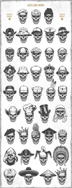 a bunch of skulls with hats on them