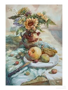 a painting of flowers and fruit on a table cloth with a knife next to it