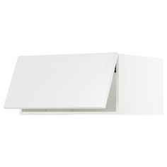 a white wall mounted shelf with an open door on the top and bottom side, in front of a white background