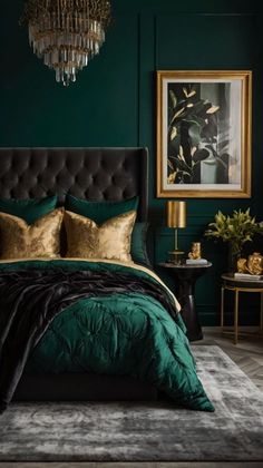 a bedroom with green walls, gold accents and black bedding in the center is a chandelier