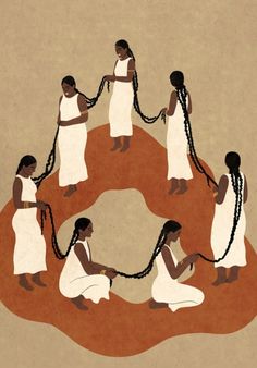 several women in white dresses are holding hands and braids on a circular object with brown background