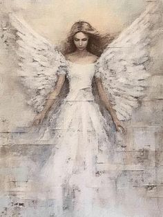 a painting of an angel in white dress with her hands on her hips and wings outstretched